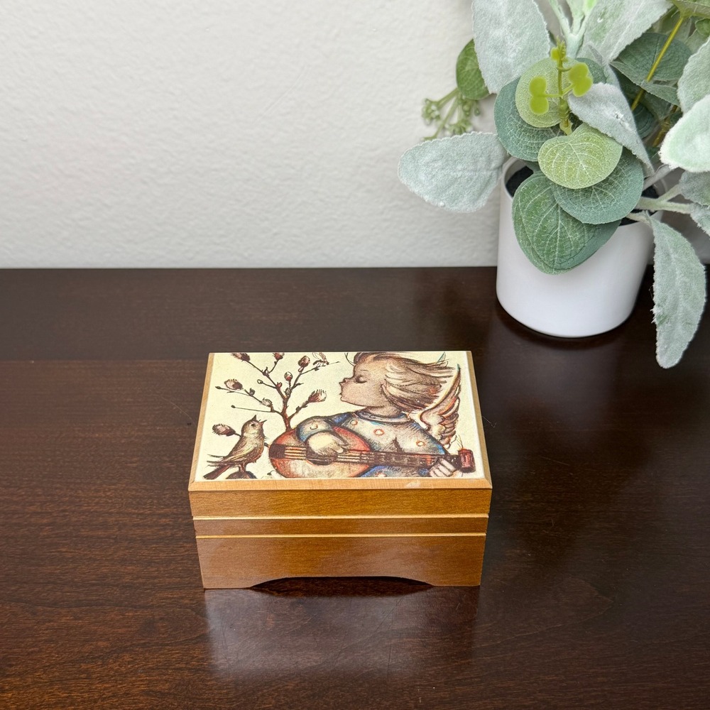 Vintage‎ Reuge Swiss Music Box Moon River Hummel Style Angel Wood Jewelry Box